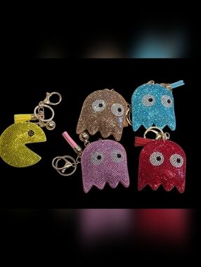 Pac Man and Sparkling Ghosts Bag Charm Keychain Set